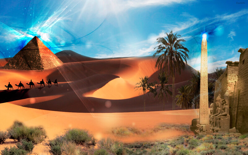 Pyramid and Obelisk in Desert
