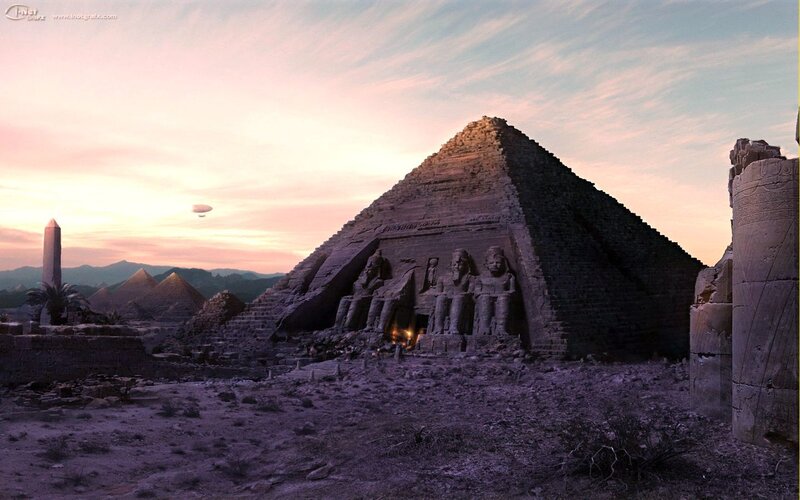 Pyramid at sunset with airship