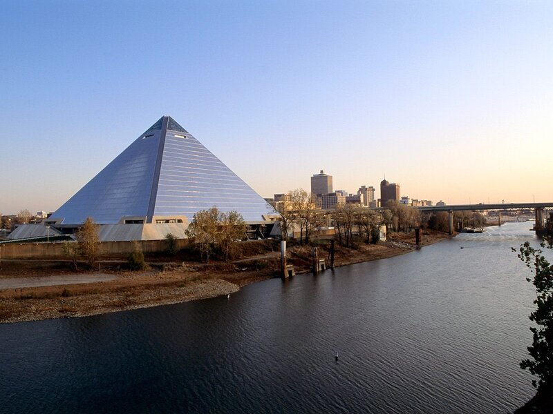 Pyramid building by river