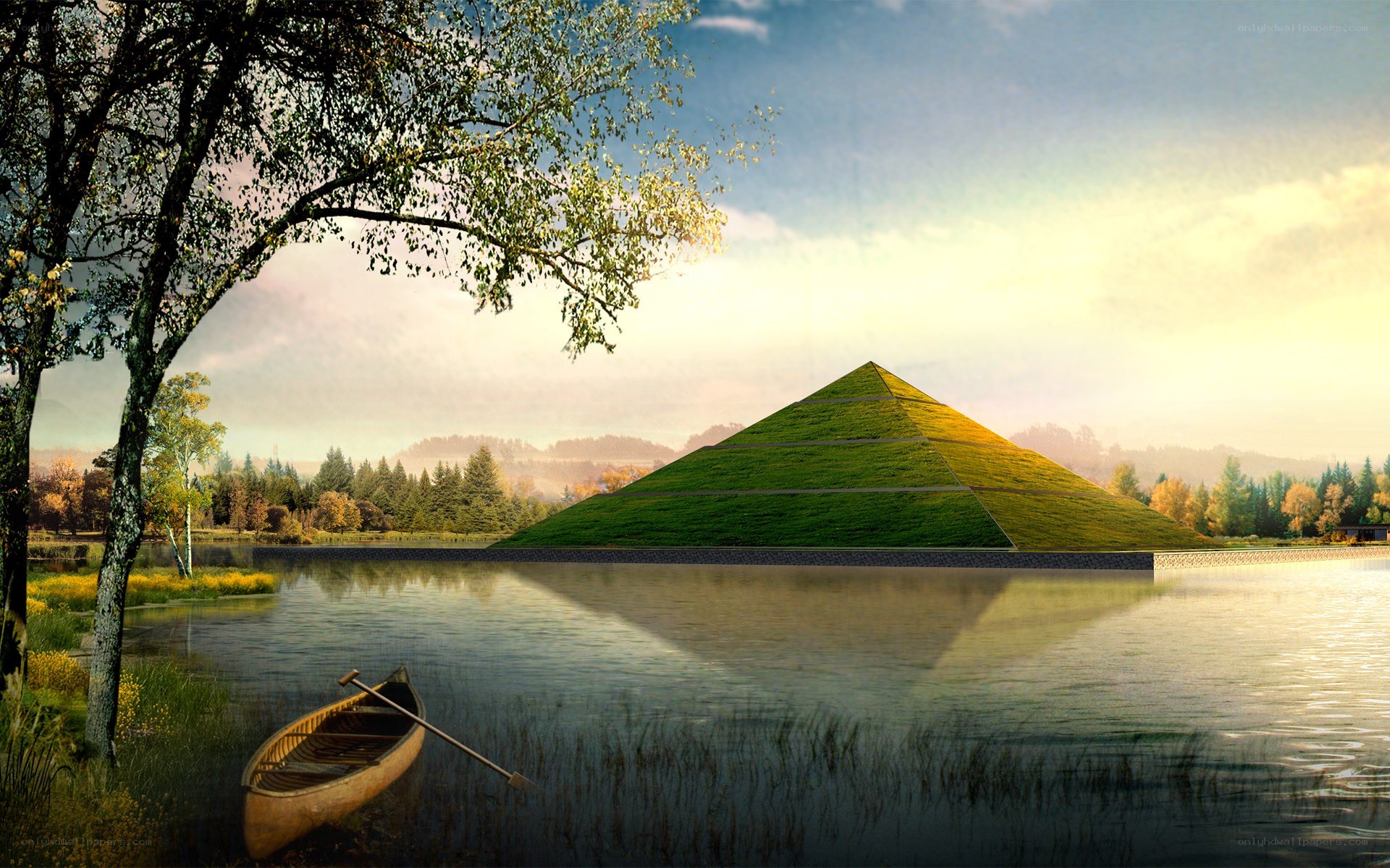 Pyramid by the lake at sunset