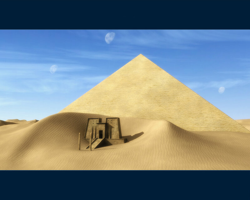 Pyramid in desert with moons