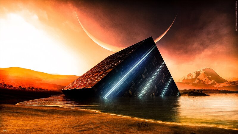 Pyramid in Water — Orange, Dramatic, Sunset, Digital Art, Moon, Mountain, Black