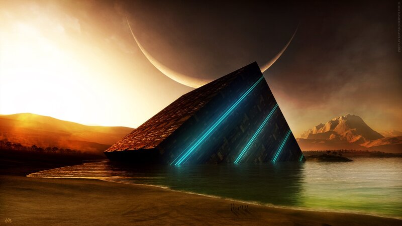 Pyramid in Water — Orange, Dramatic, Sunset, Digital Art
