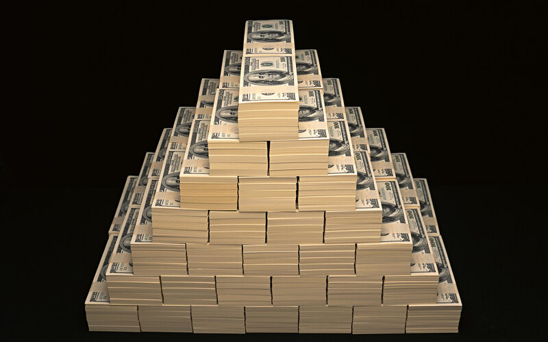 Pyramid of Hundred-dollar Bills — Black, Dramatic, Photograph