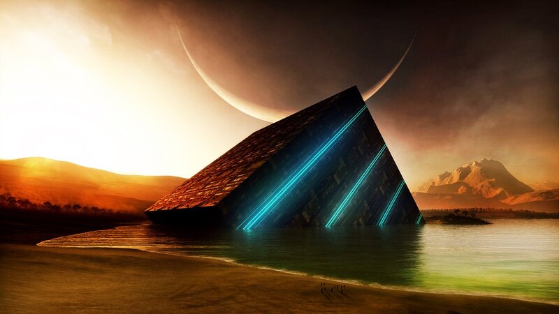 Pyramid Structure in Water — Orange, Dramatic, Sunset, Digital Art