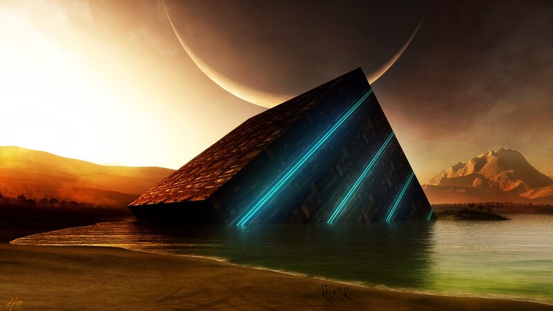 Pyramid Structure in Water — Orange, Dramatic, Sunset