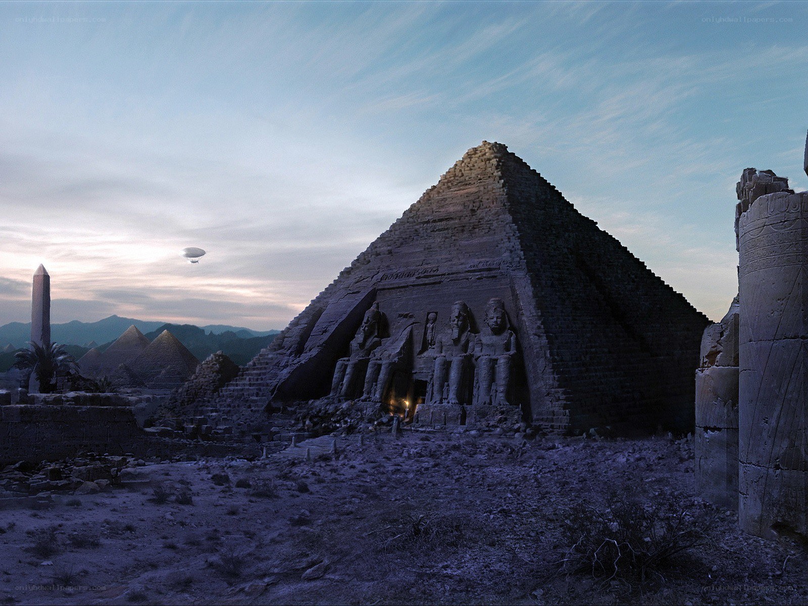 Pyramid with airship at dusk