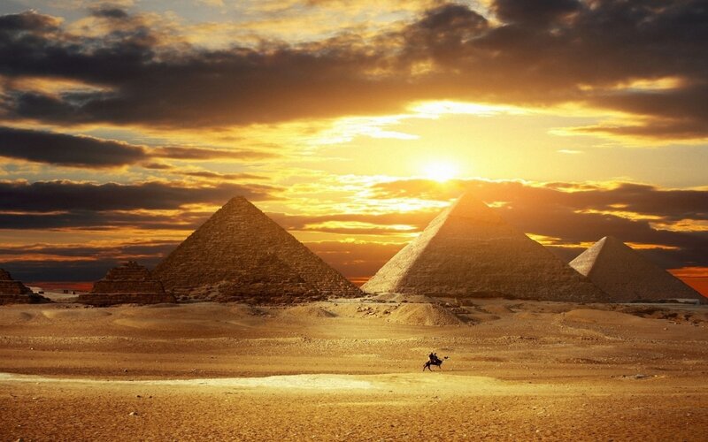 Pyramids at Sunset — Gold, Dramatic, Photograph, Desert, Camel Rider, Clouds