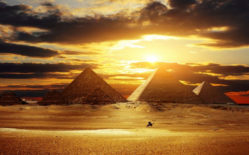 Pyramids at Sunset — Gold, Dramatic, Photograph, Desert