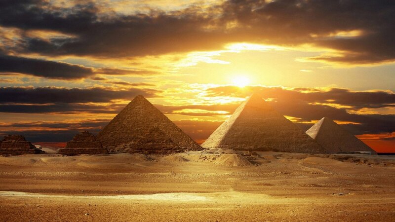 Pyramids at Sunset — Gold, Dramatic, Photograph