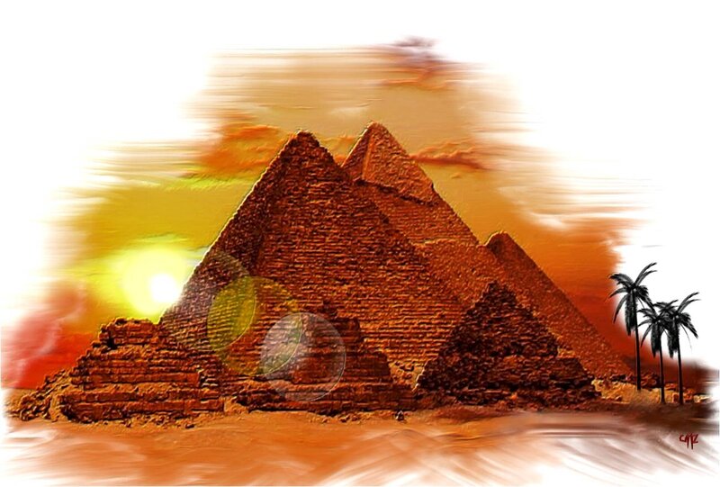 Pyramids at Sunset — Orange, Dramatic, Digital Art, Sun
