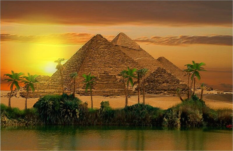 Pyramids at Sunset — Orange, Dramatic, Digital Art