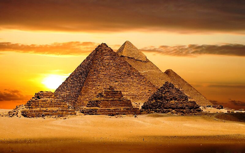 Pyramids at Sunset — Orange, Dramatic, Photograph, Desert, Sky