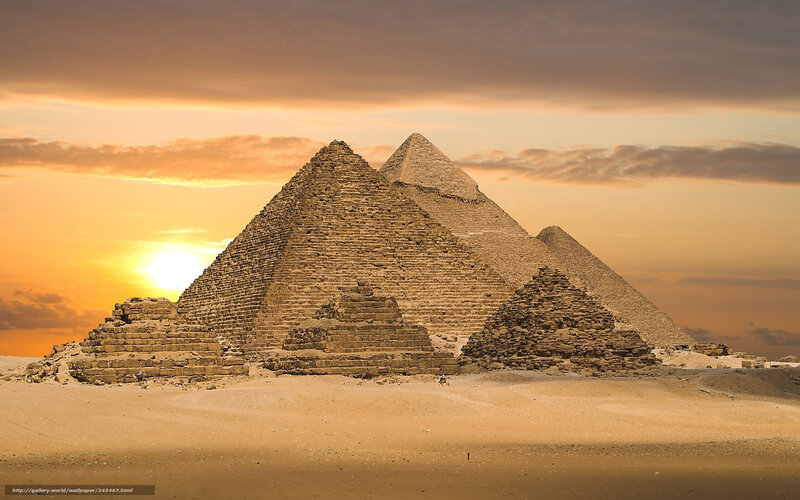 Pyramids at Sunset — Orange, Dramatic, Photograph, Desert, Sun