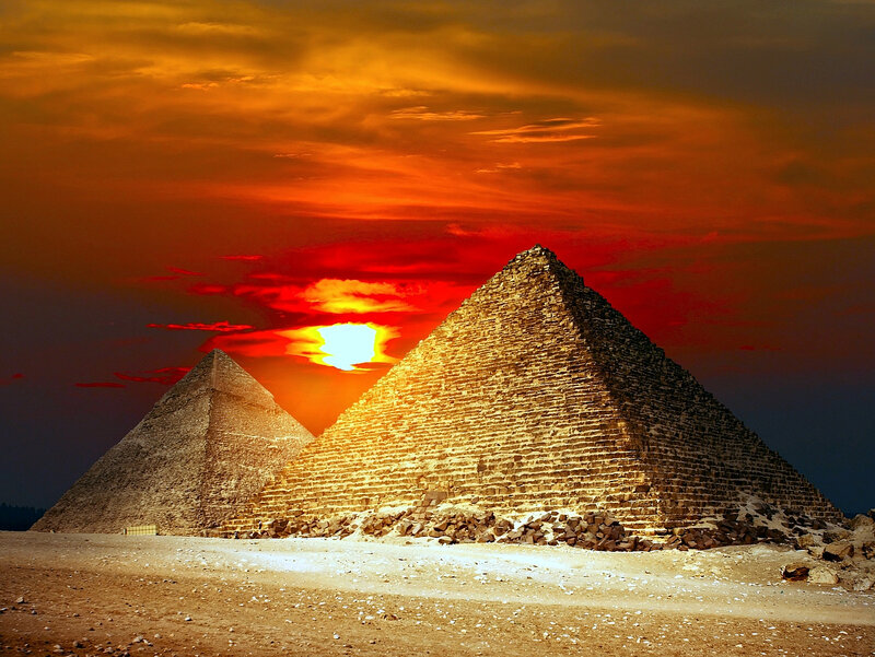 Pyramids at Sunset — Orange, Dramatic, Photograph, Desert