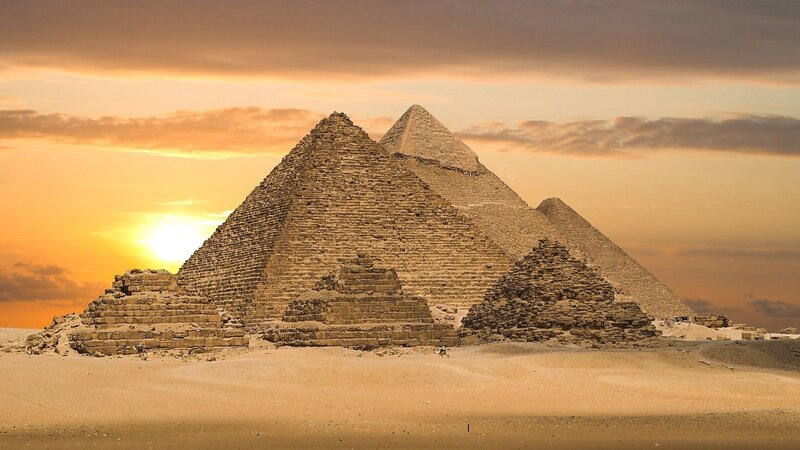 Pyramids at Sunset — Orange, Dramatic, Photograph, Sand, Sky