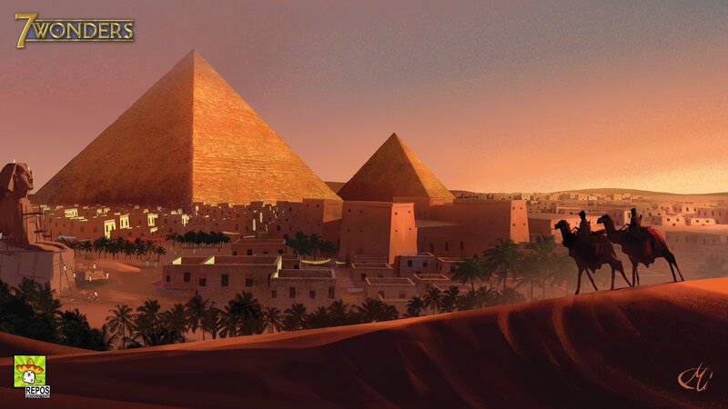 Pyramids at sunset with camels