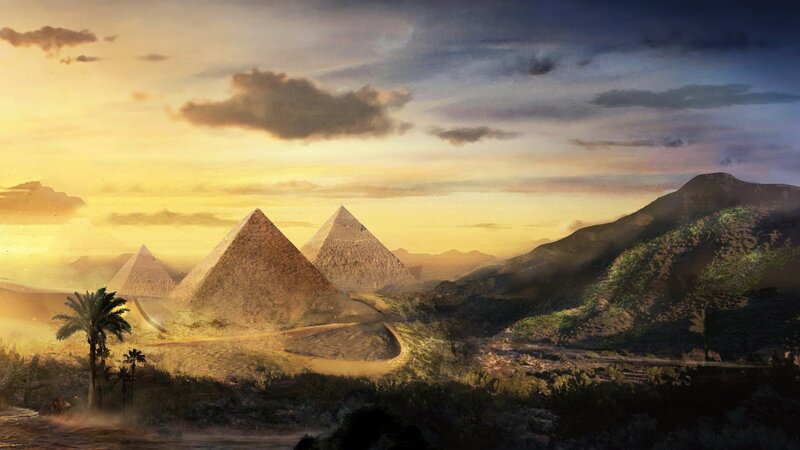 Pyramids at Sunset — Yellow, Dramatic, Digital Art, Mountains