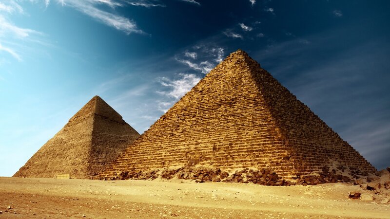 Pyramids in Desert — Blue, Dramatic, Afternoon, Photograph, Sand, Sky