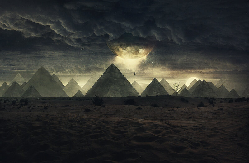 Pyramids in Desert — Gray