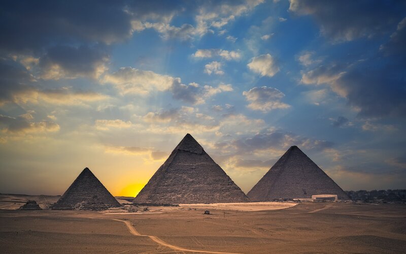 Pyramids of Giza at sunset