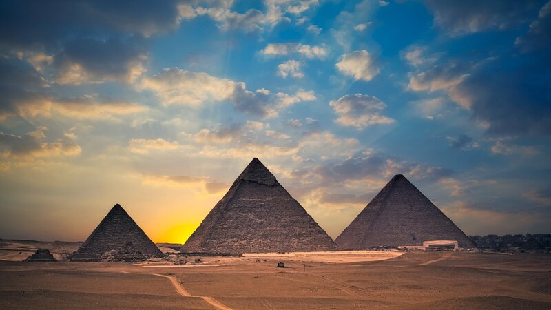 Pyramids of Giza at sunset