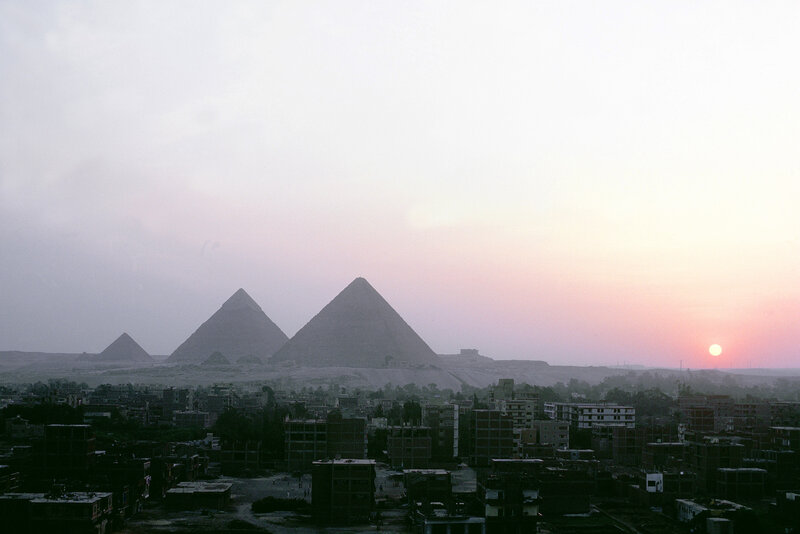Pyramids of Giza at sunset