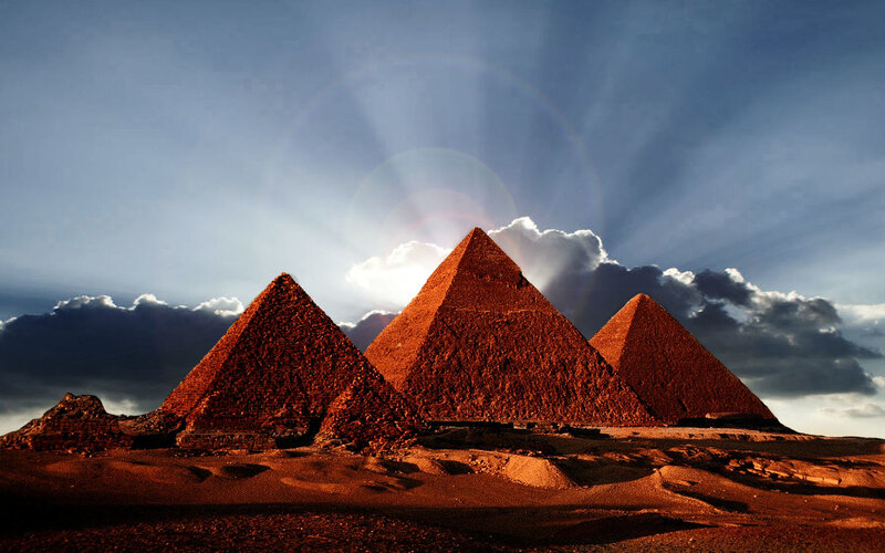 Pyramids of Giza at sunset