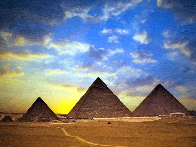 Pyramids of Giza — Blue, Dramatic, Sunset, Painting