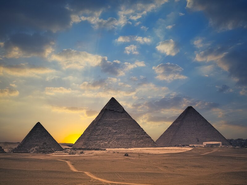 Pyramids of Giza — Blue, Dramatic, Sunset, Photograph