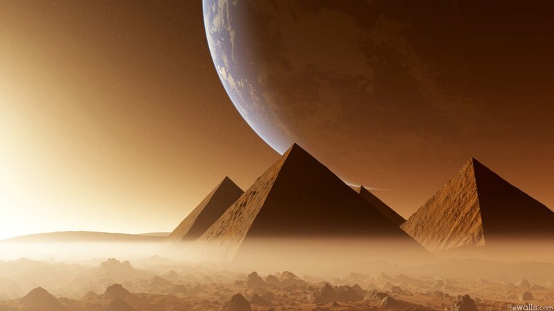 Pyramids on Alien Planet — Brown, Dramatic, Sunset, Digital Art, Sky