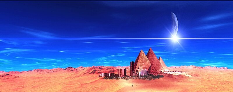 Pyramids under a blue sky