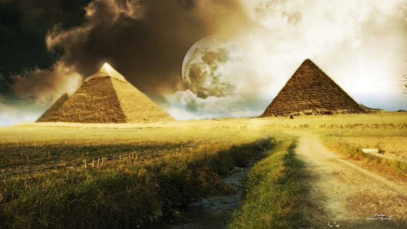 Pyramids under Large Moon — Brown