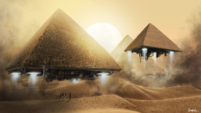 Pyramids with UFOs — Brown, Dramatic, Afternoon, Digital Art