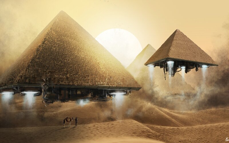 Pyramids with UFOs — Brown, Dramatic, Afternoon
