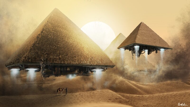 Pyramids with UFOs — Brown, Dramatic, Sunrise