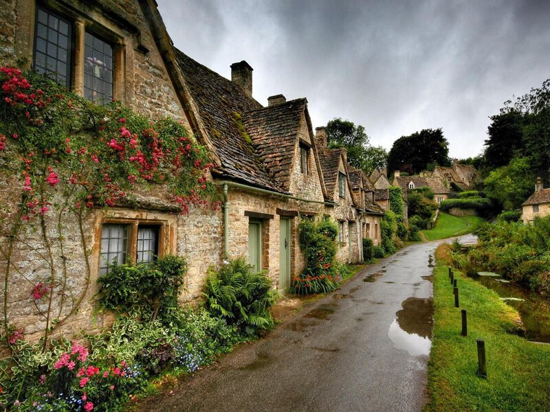 Quaint village street with stone cottages