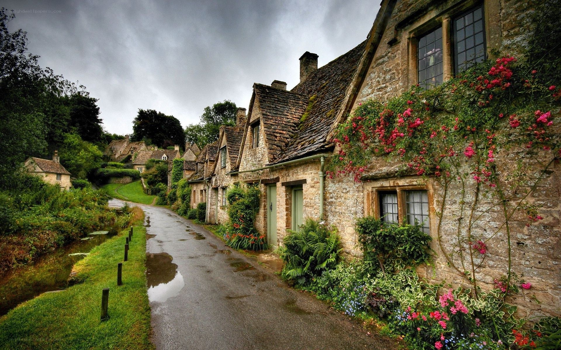 quaint village with stone cottages