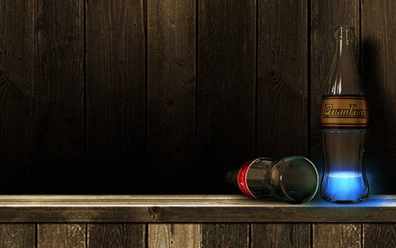 Quantum bottle on wooden shelf