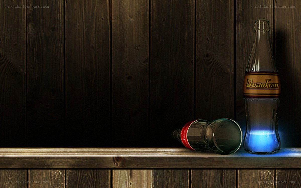 Quantum bottle on wooden shelf
