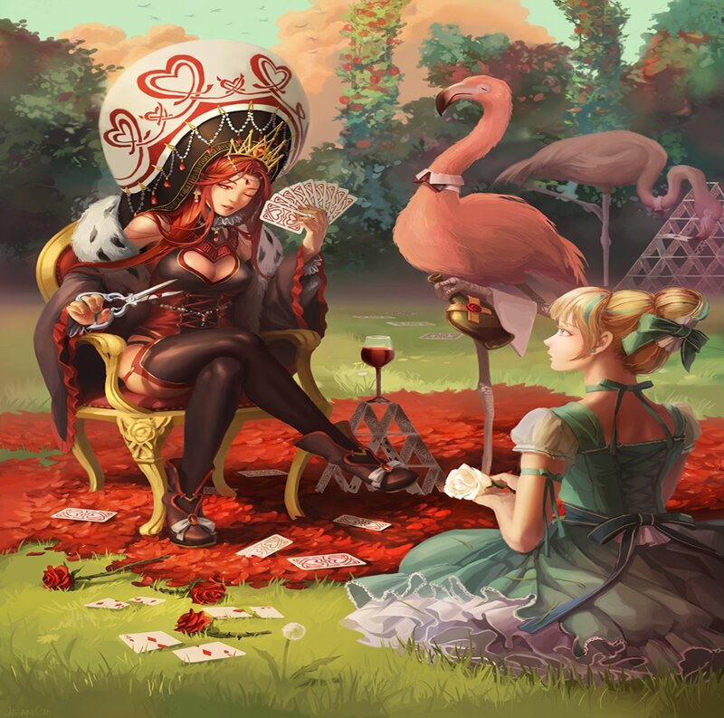 Queen and Girl in Garden — Red