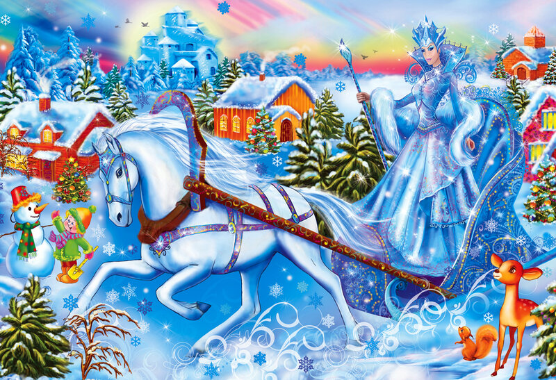 Queen in Sleigh with White Horse