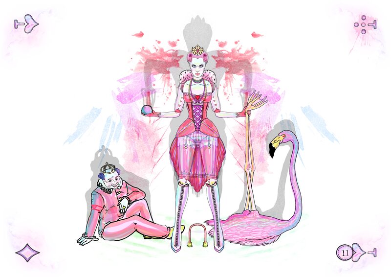 Queen of Hearts with flamingo