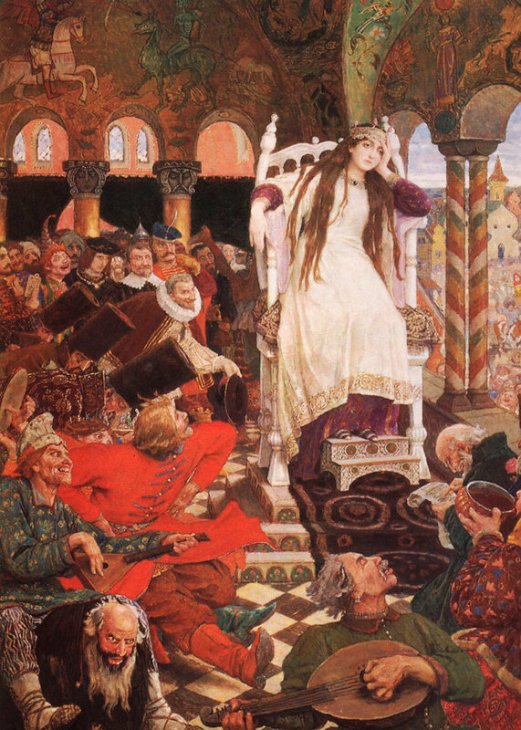 Queen on a throne surrounded by courtiers