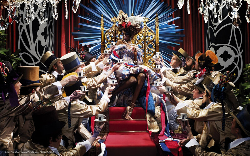 Queen on a throne surrounded by men