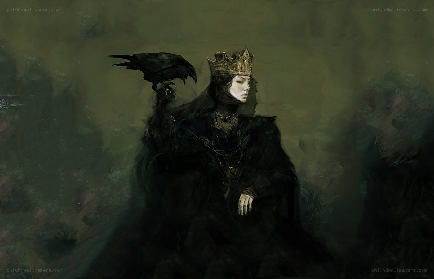 queen with crow on shoulder