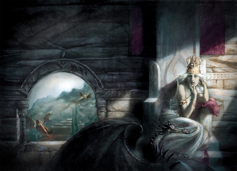 queen with dragon in castle