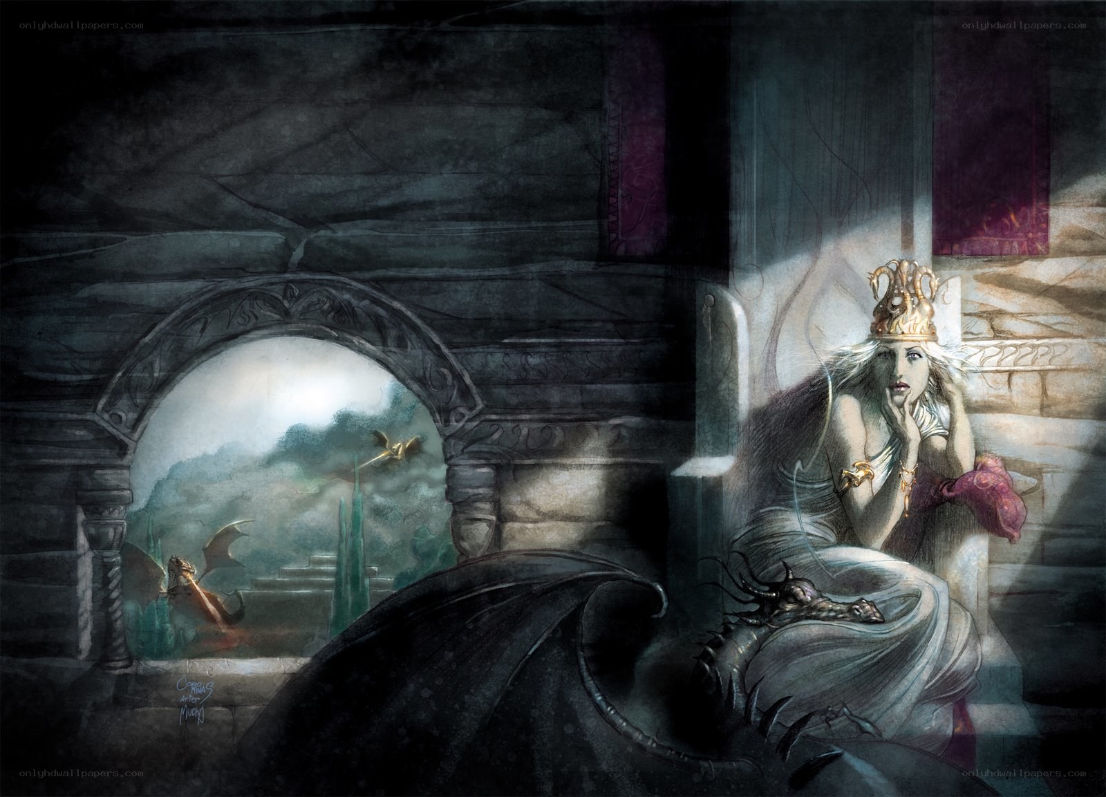 queen with dragon in castle