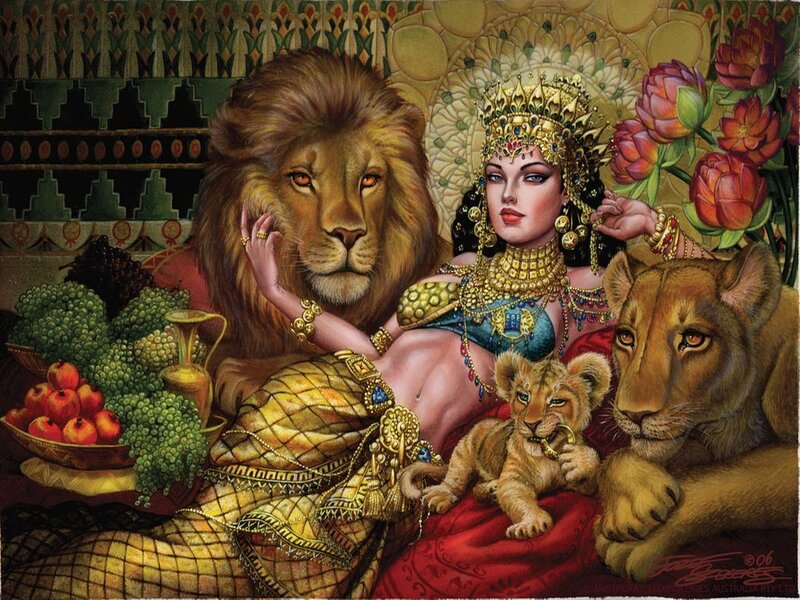 queen with lions and fruit