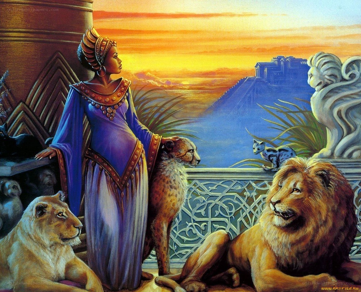 Queen with lions at sunset